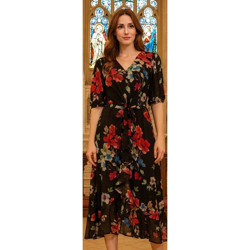 DKNY Floral Dress Sunday Best Boho Chic Whimsical Cascading Ruffle Fairy SZ 6P